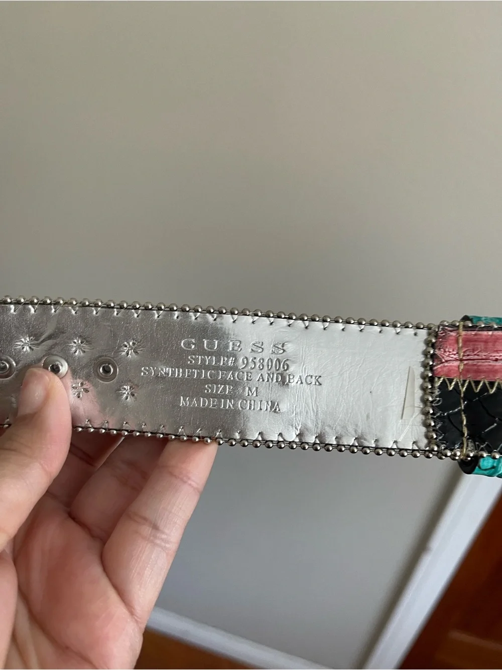 Guess Patchwork Studded Leather Belt in Turquoise, Pink & Black